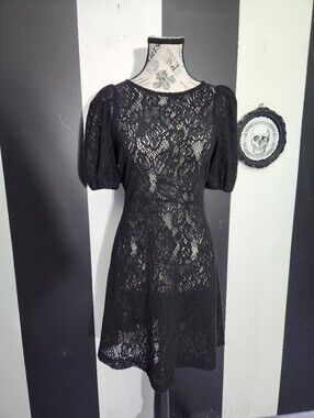 Free People Black Lace Puff-Sleeve Mini Dress